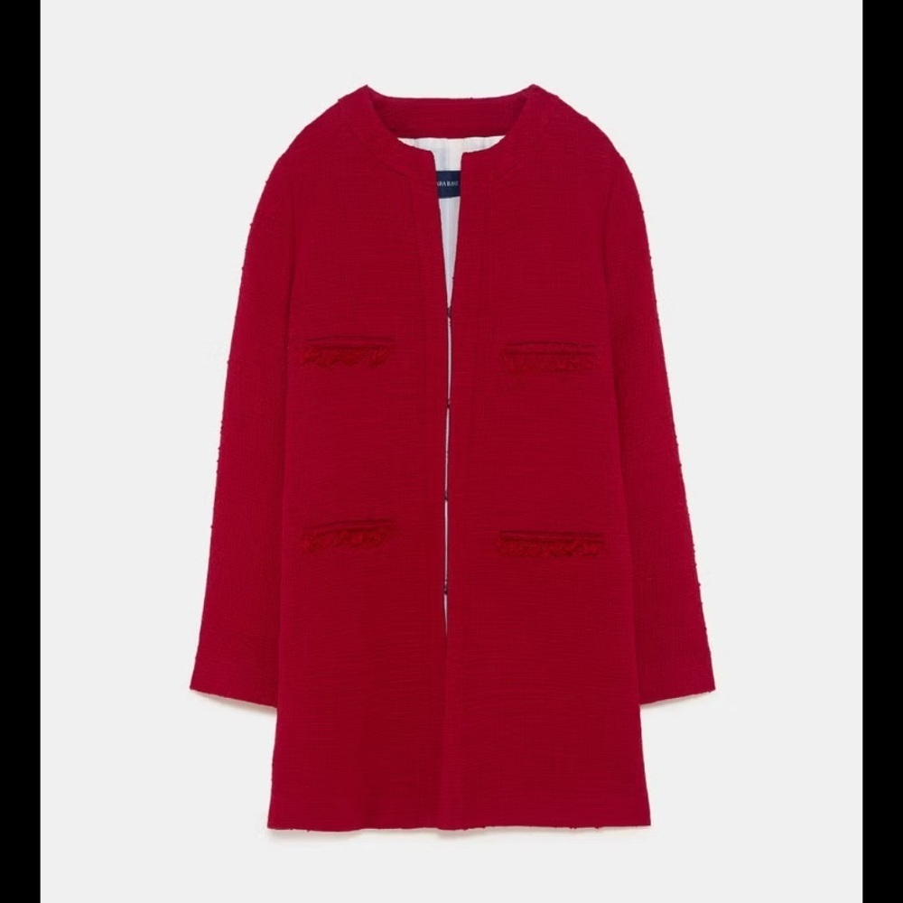 Zara RED TWEED BOUCLE COAT L bloggers fav fall holiday winter classic nwot $120